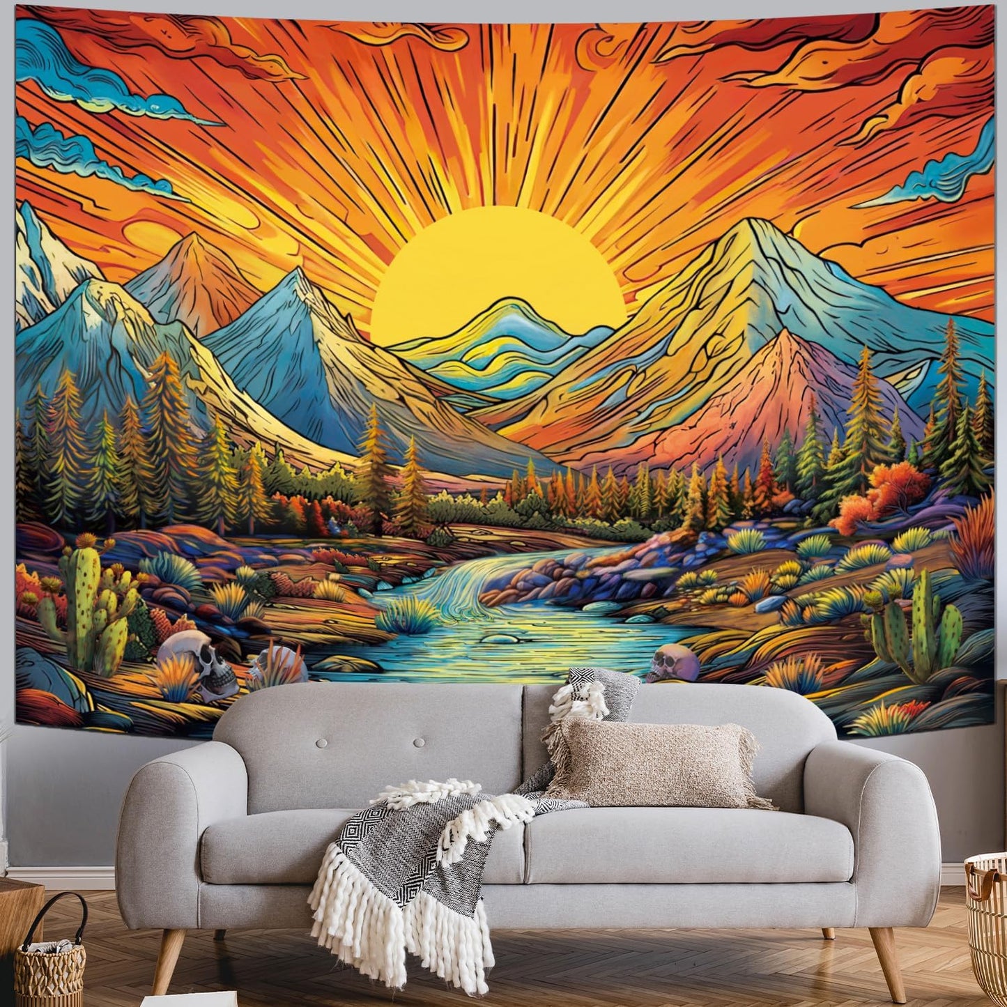 Serborlur Boho Sun Mountain Tapestry Trippy Forest Tree Tapestry Vintage Aesthetic Magic River Tapestries Nature Landscape Wall Hanging for Bedroom Home Decor (70.8" x 92.5")