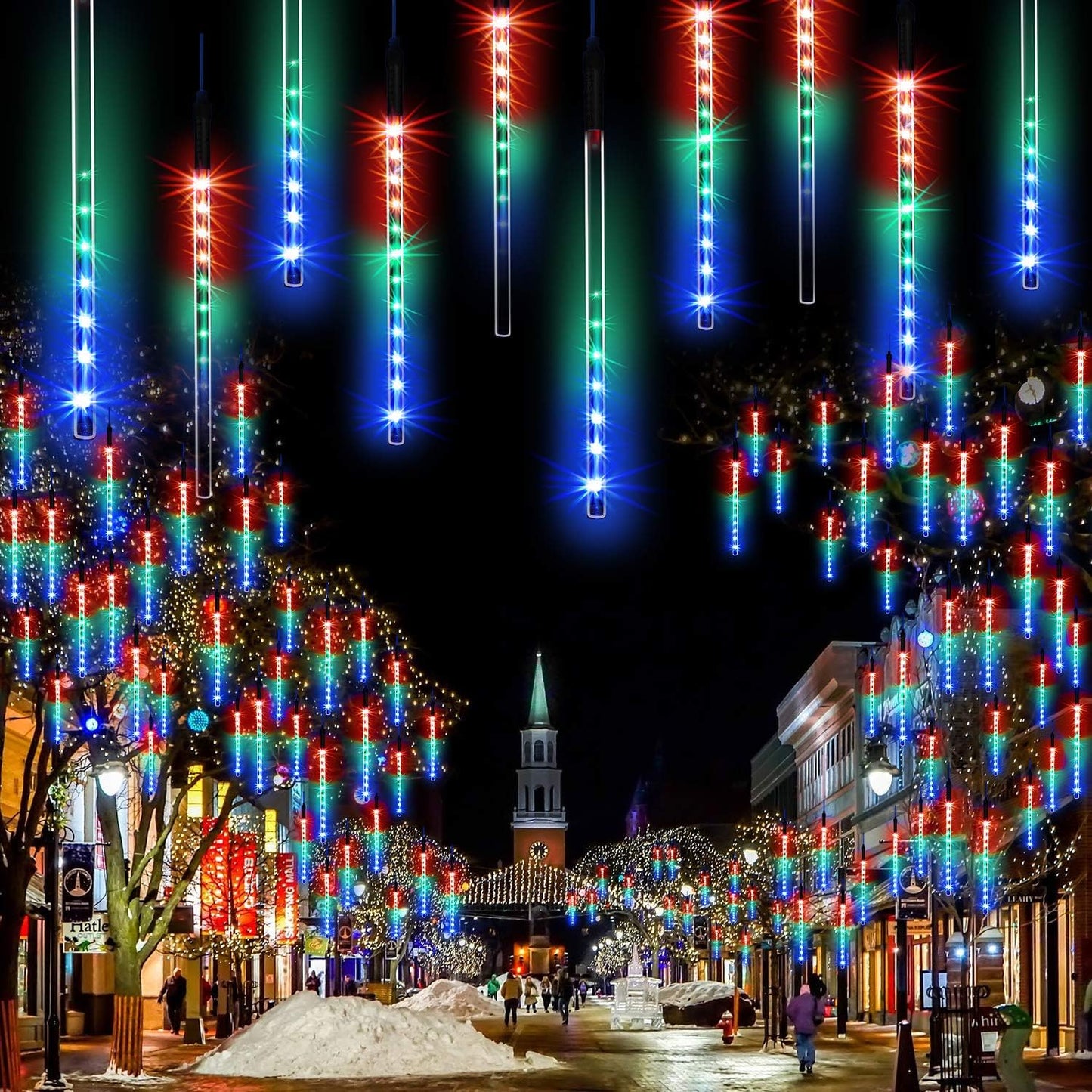 【4 Pack】 Christmas Meteor Shower Rain Lights 12inch, Totally 40 Tube 960 LEDs Icicle Lights Outdoor Raindrop Light for Xmas Halloween Wedding Party Tree Holiday Decoration, Colorful