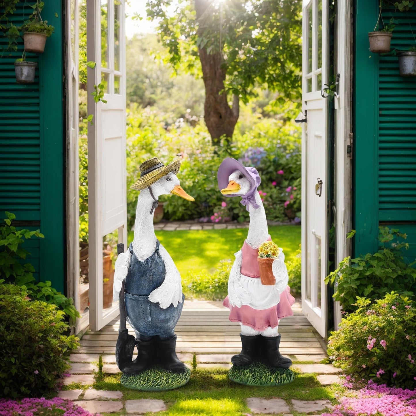 Porch Goose Statue Outfits Large Garden Sculpture Cement Home Outdoor Decorations Lawn Resin Big Duck Figurine Outside Yard Concrete Geese Decor Farmhouse Duckling Couple Dress Up