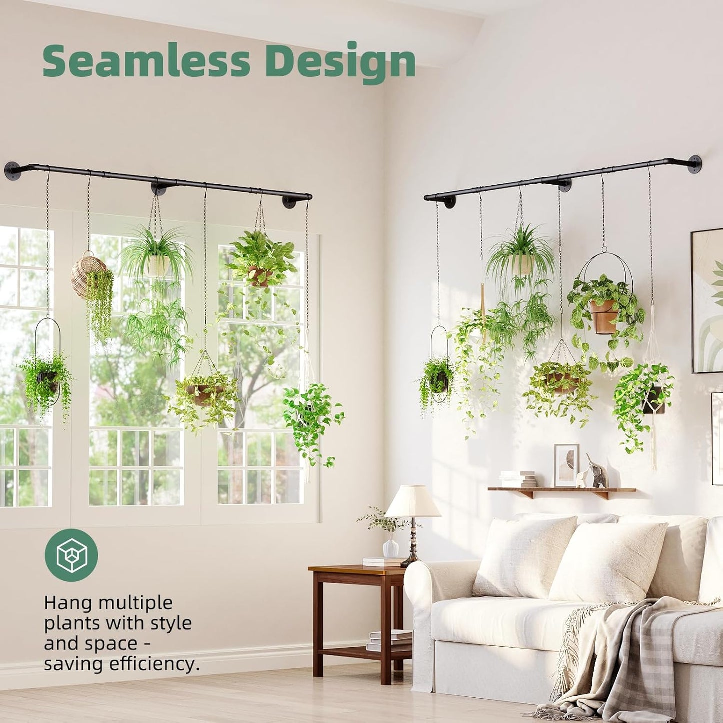 Plant Hanger Indoor with 12 Hanging Chains Hanging Planters for Indoor Plants Hanging Plant Holder Window Plant Rod Black Metal Shelves 70.8 Inch 2PCS Pot not Included