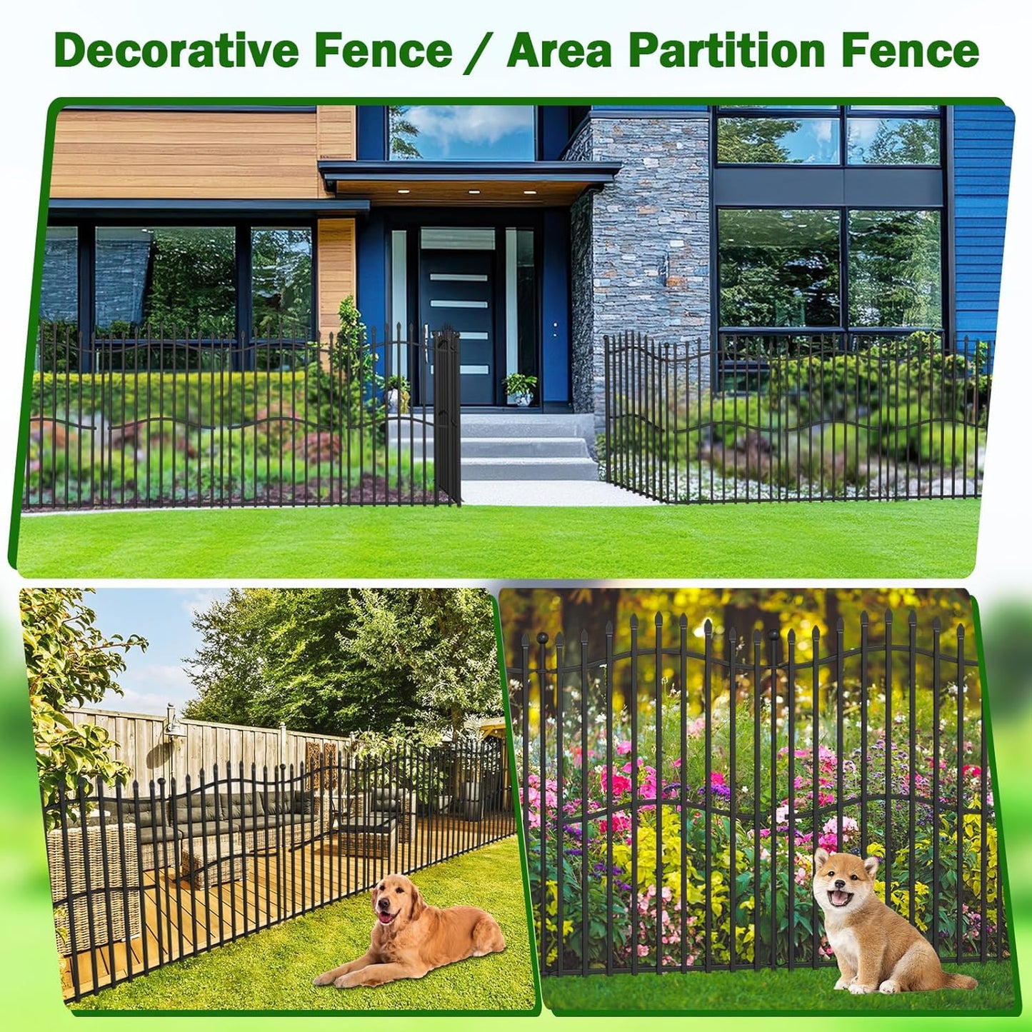 8 Panels Tall No Dig Garden Fence - 40in H x 18ft L, Reinforced Square Tube Rustproof Animal Barrier, Decorative Metal Fencing for Yard & Outdoor Dog Pet Play Areas