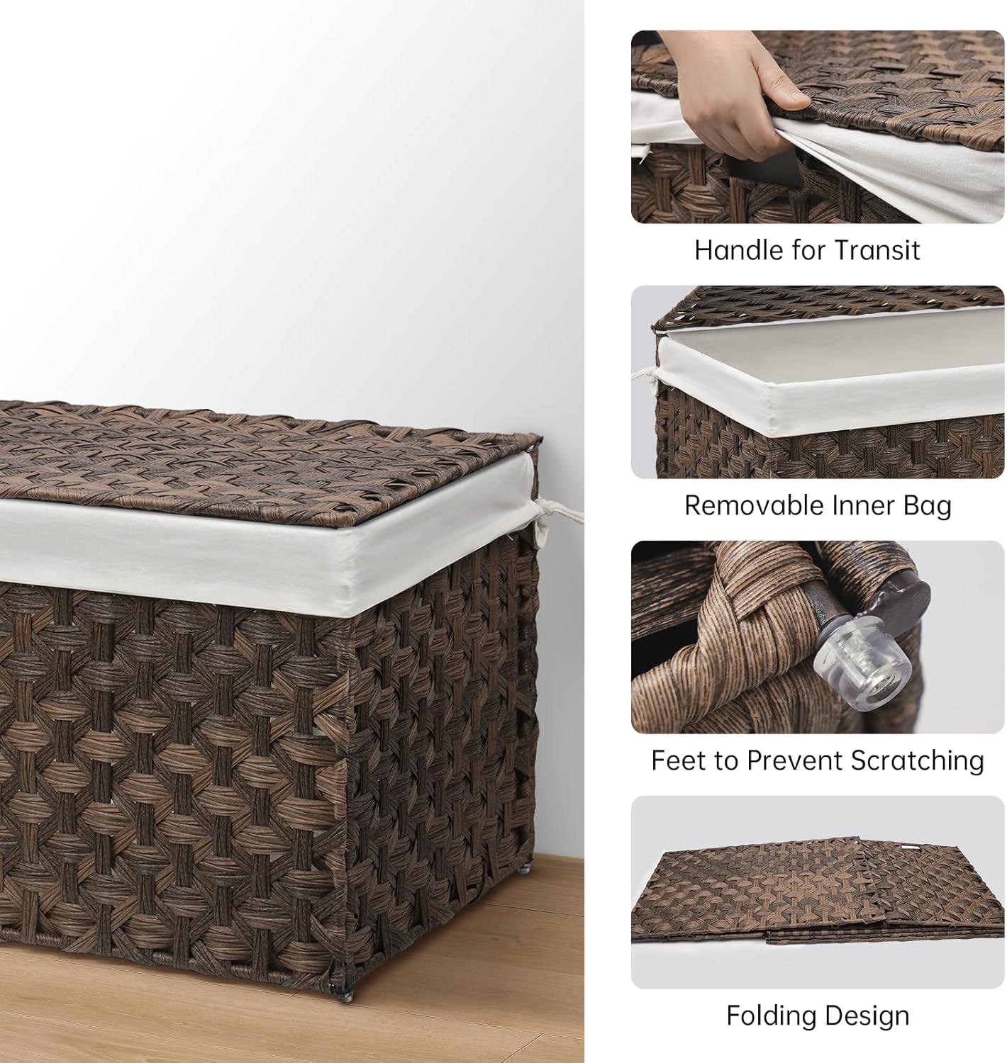 Wicker Storage Basket with Lid, 27.7 Gallon (105L) Large Blanket Basket with Lid, Woven Storage Bin with Handles, Removable Liner, Metal Frame, Foldable, for Bedroom, Laundry Room, Brown