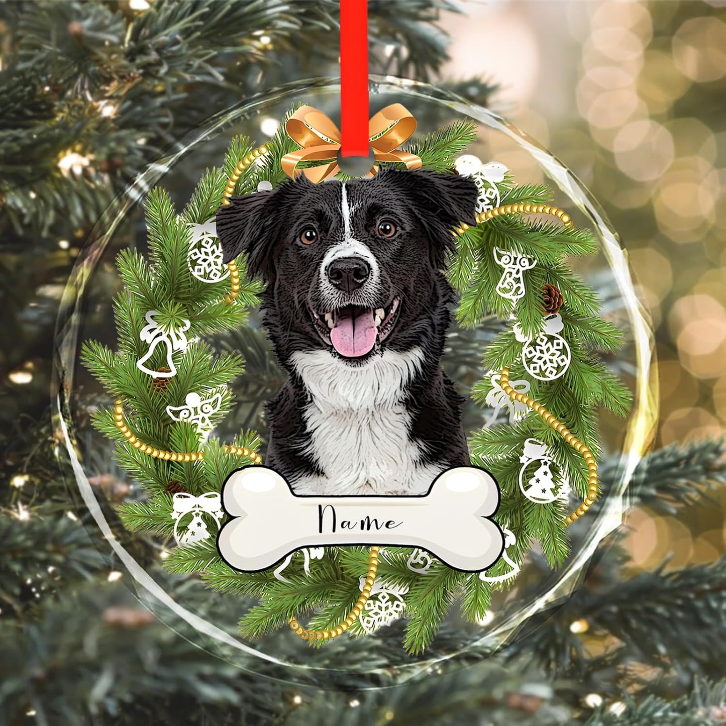 Personalized Christmas Ornaments, Custom Glass Ornament with Photo,Customized Christmas Tree Decor Gifts for Pet, Wreath Bone