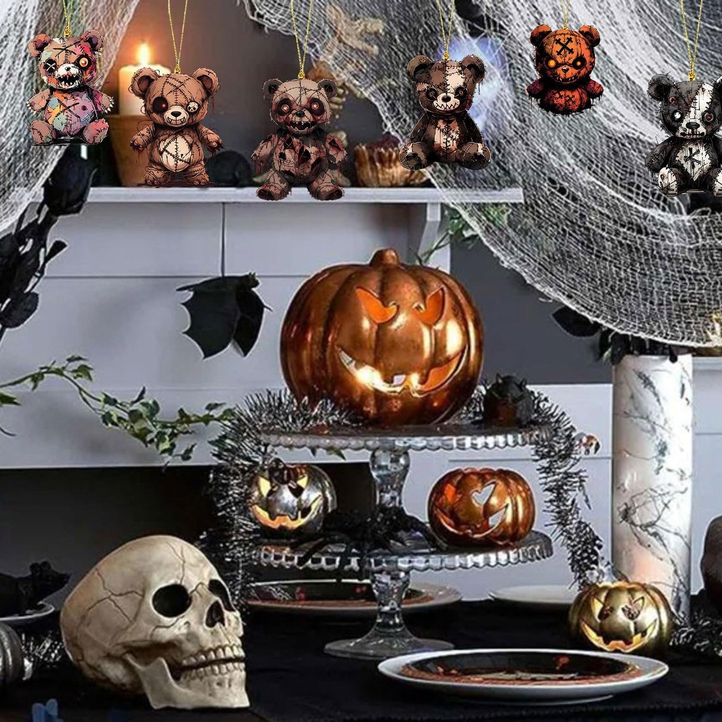 Halloween Tree Decoration, 6 Pcs Cute Acrylic Pendant, Terror Cartoon Bear Halloween Accessories, Funny Cartoon Christmas Tree Ornaments for Mini Decorations Indoor Outdoo