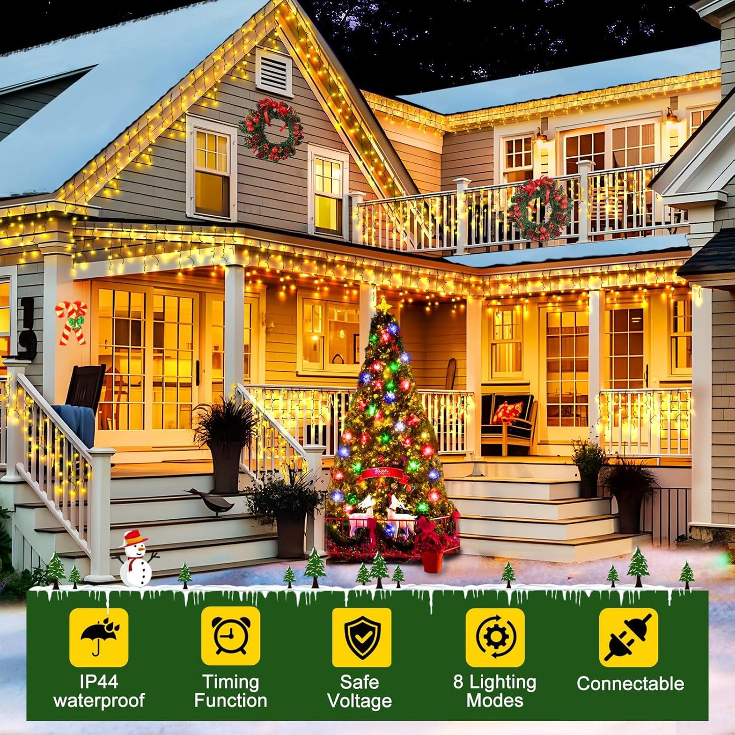 KNONEW 33FT 400 LED Christmas Lights Outdoor Black Wire String Lights with 75 Drops, 8 Lighting Modes, Timer Memory Function Connectable Hanging Curtain Lights for Halloween Party Decor (Warm White)