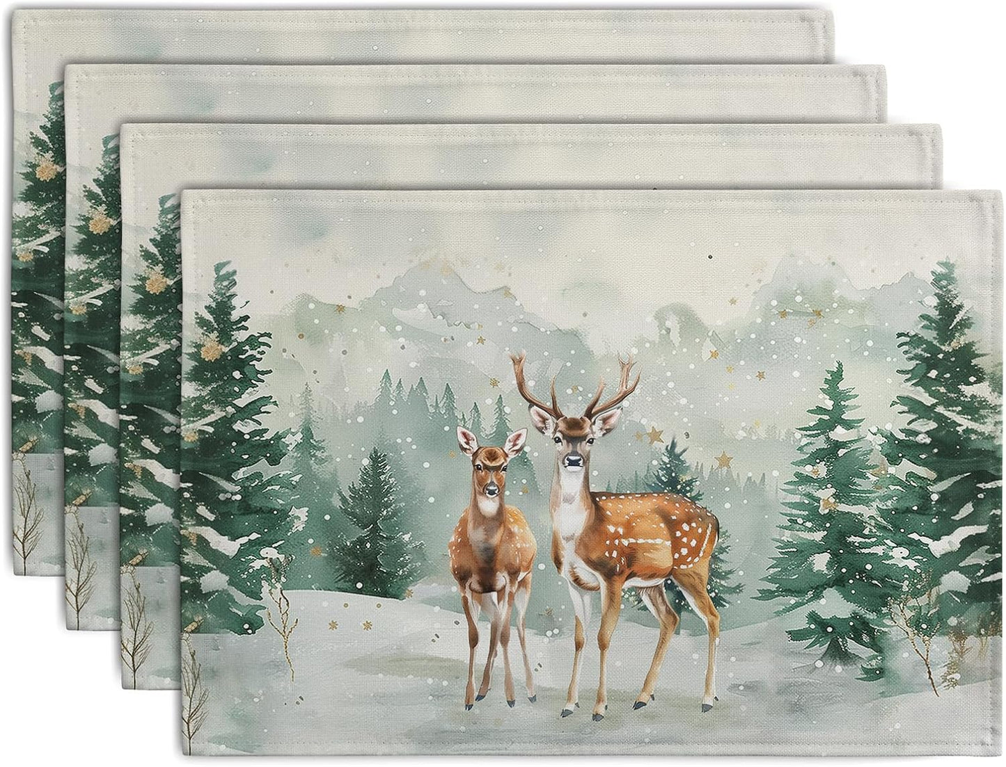 Christmas Watercolor Deer Trees Snowflakes Placemats Set of 4 Winter Rustic Nature Forest Linen Table Mat 12x18 Inch Seasonal Farmhouse Washable Place Mats for Dining Table Kitchen Xmas Decor