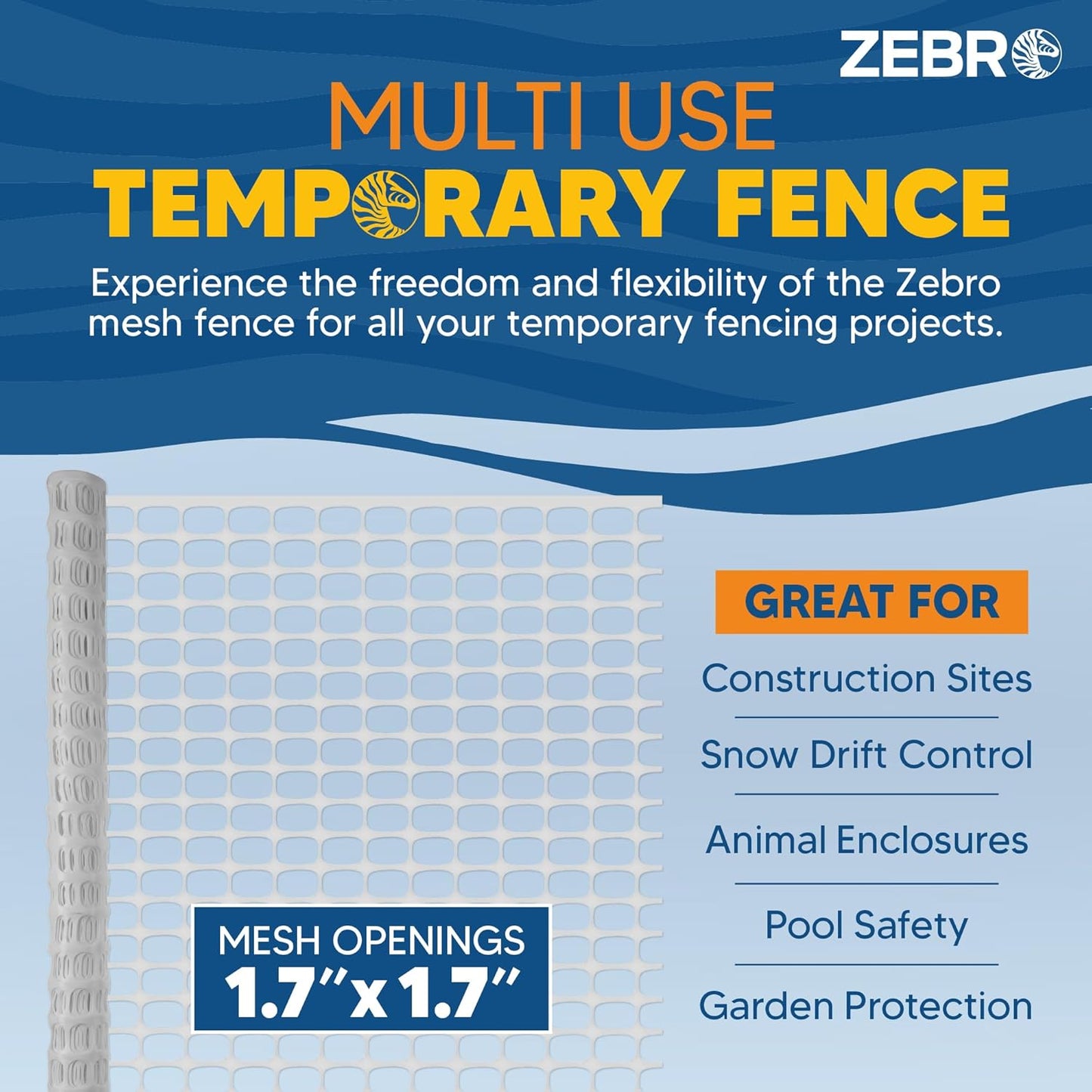 ZEBRO 4' x 100' White Plastic Garden Fence Roll – Standard Duty Safety Netting for Snow, Poultry, Deer, Dogs – Reusable Outdoor Barrier for Yard, Landscaping, Animal Protection