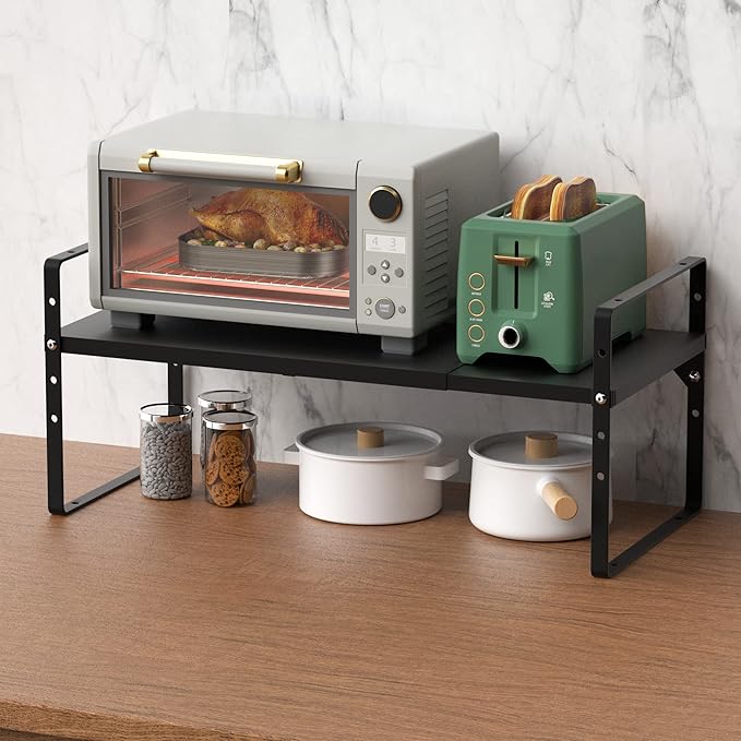 iPEGTOP 2 Pack Expandable Cabinet Storage Shelf Organizer Rack, Heavy Duty Steel Metal Spice Rack Adjustable Height Office Garage Pantry Shelf Space Riser for Counter Kitchen Organization, Black