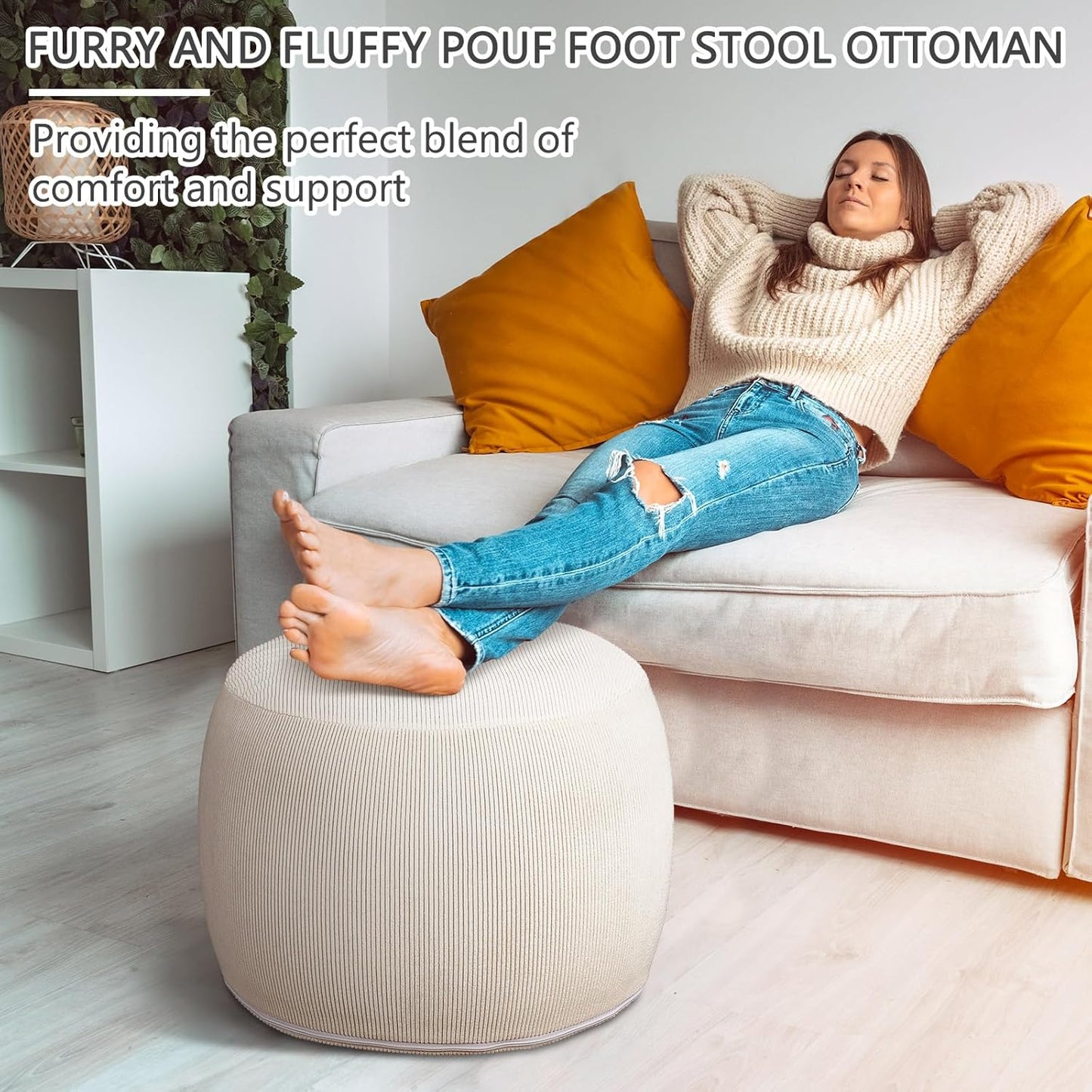 2 Pack Round Inflatable Pouf Ottoman Foot Rest for Couch 20 x 16 Inch Cozy Portable Floor Corduroy Poufs Foot Stool Ottoman with Pump for Living Room Bedroom Chair, Beige