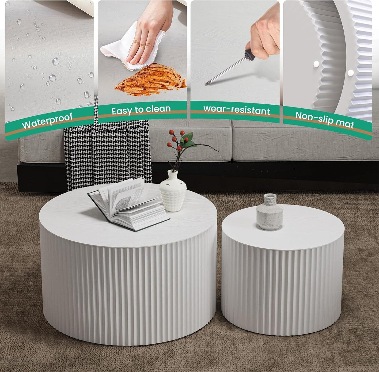 Round Nesting Coffee Table, Drum Wood Coffee Table Set of 2 White, Modern Fluted Nesting Tables Circle Center Table 2 Piece for Small Spaces Living Room Bedroom Balcony Office, No Assembling