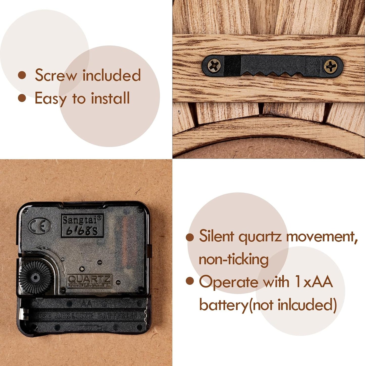 Honiway Wall Clock Battery Operated 12 in Rustic Wood Boho Sunburst Decorative Wall Clock Silent Non Ticking Farmhouse Small Wall Clocks for Living Room Kitchen Bathroom Bedroom Decor (Rustic Brown)