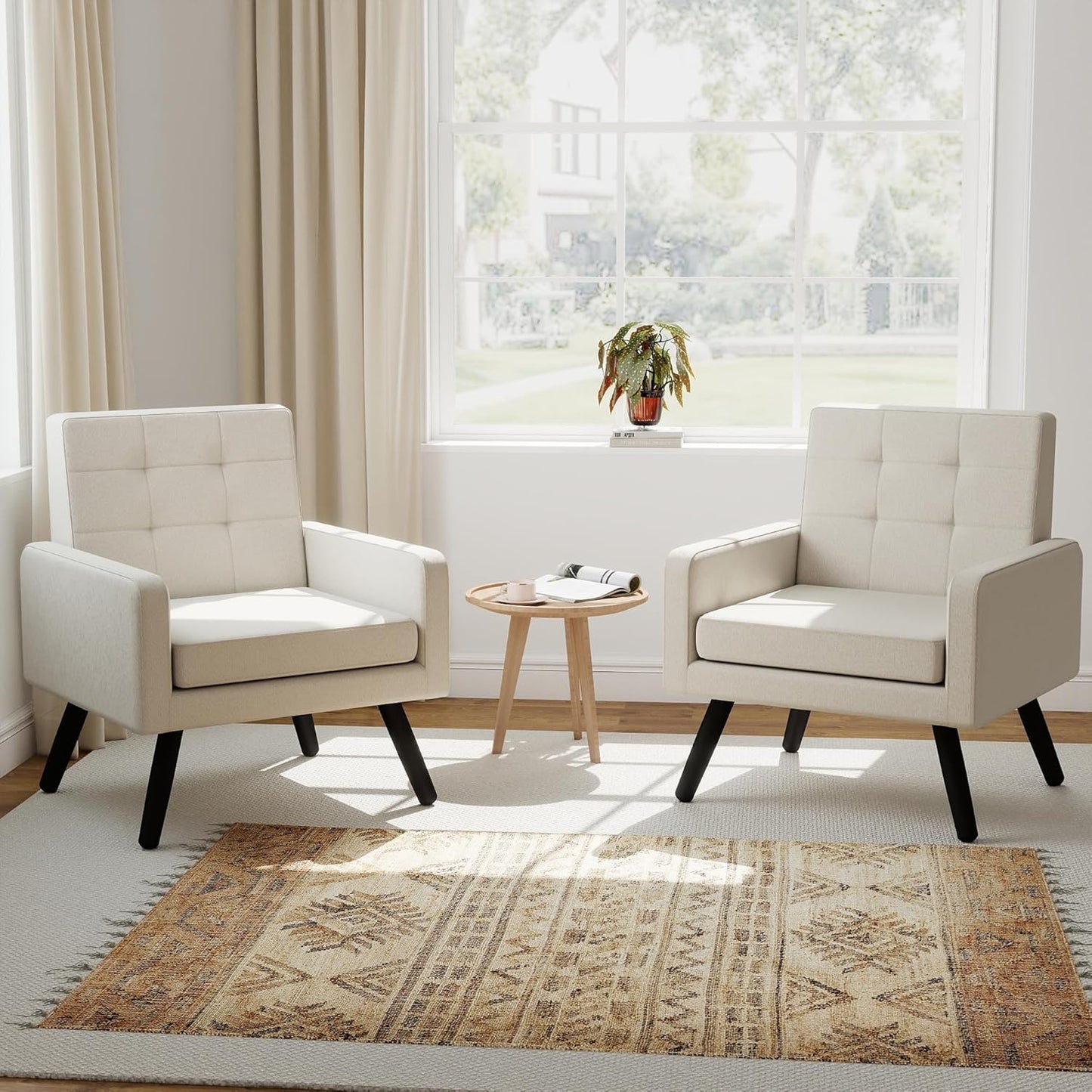 Kromax Mid-Century Modern Accent Chair Set of 2 for Living Room, 496 Lb. Weight Capacity, Dual Armrests, Comfy Extra Large Seat, Timeless Style Perfect for Reading & Relaxing, Beige