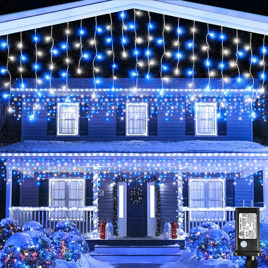 Icicle Lights for Outside, 33FT 400 LED Christmas Lights Outdoor with Waterproof 8 Modes, Plug in Connectable String Twinkle Light for Indoor Home Roof Window Garden Wedding Decorations, Blue White