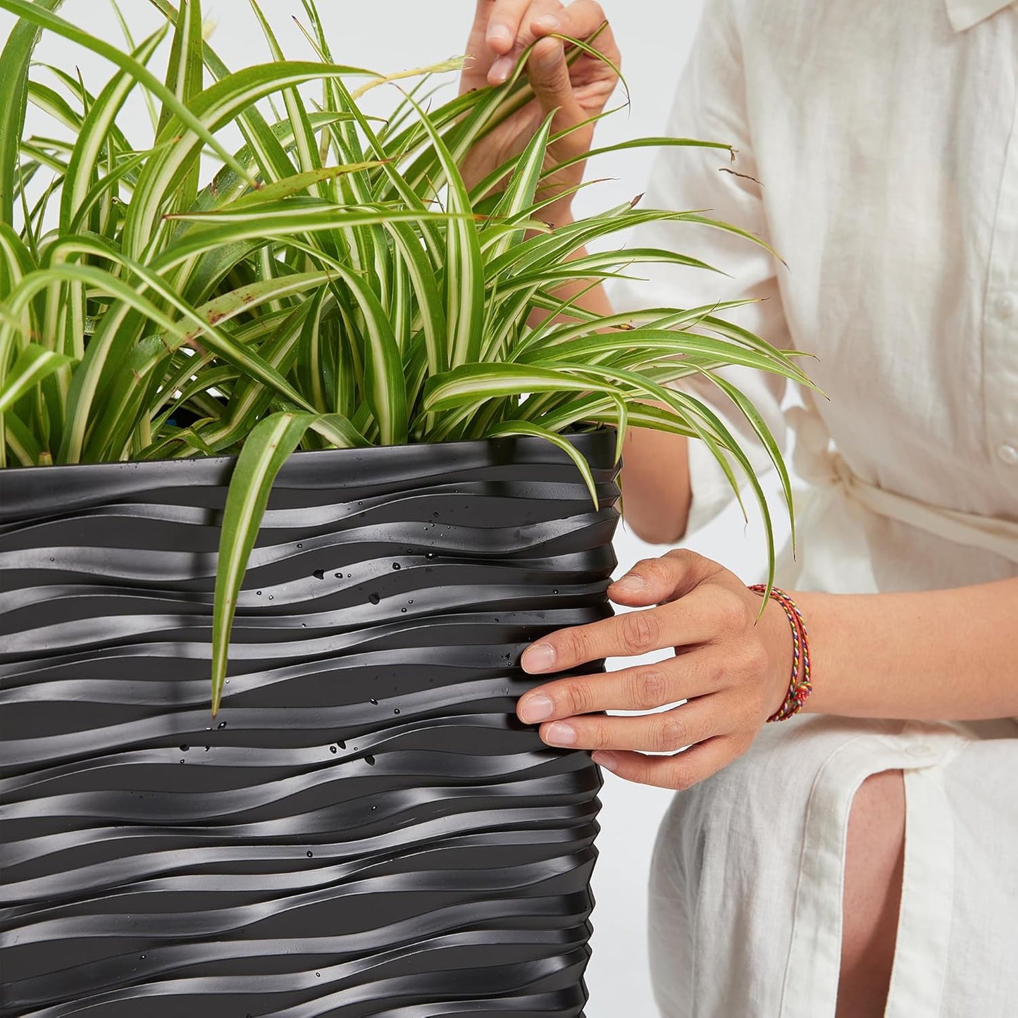 Worth Garden 2-Pack Black Tall Planter - Plastic Square Tapered Tree Plant Pots for Indoor Outdoor - 22" H - Modern Wavy Finish Decorative Flower Pots for Front Porch Containers Patio Deck