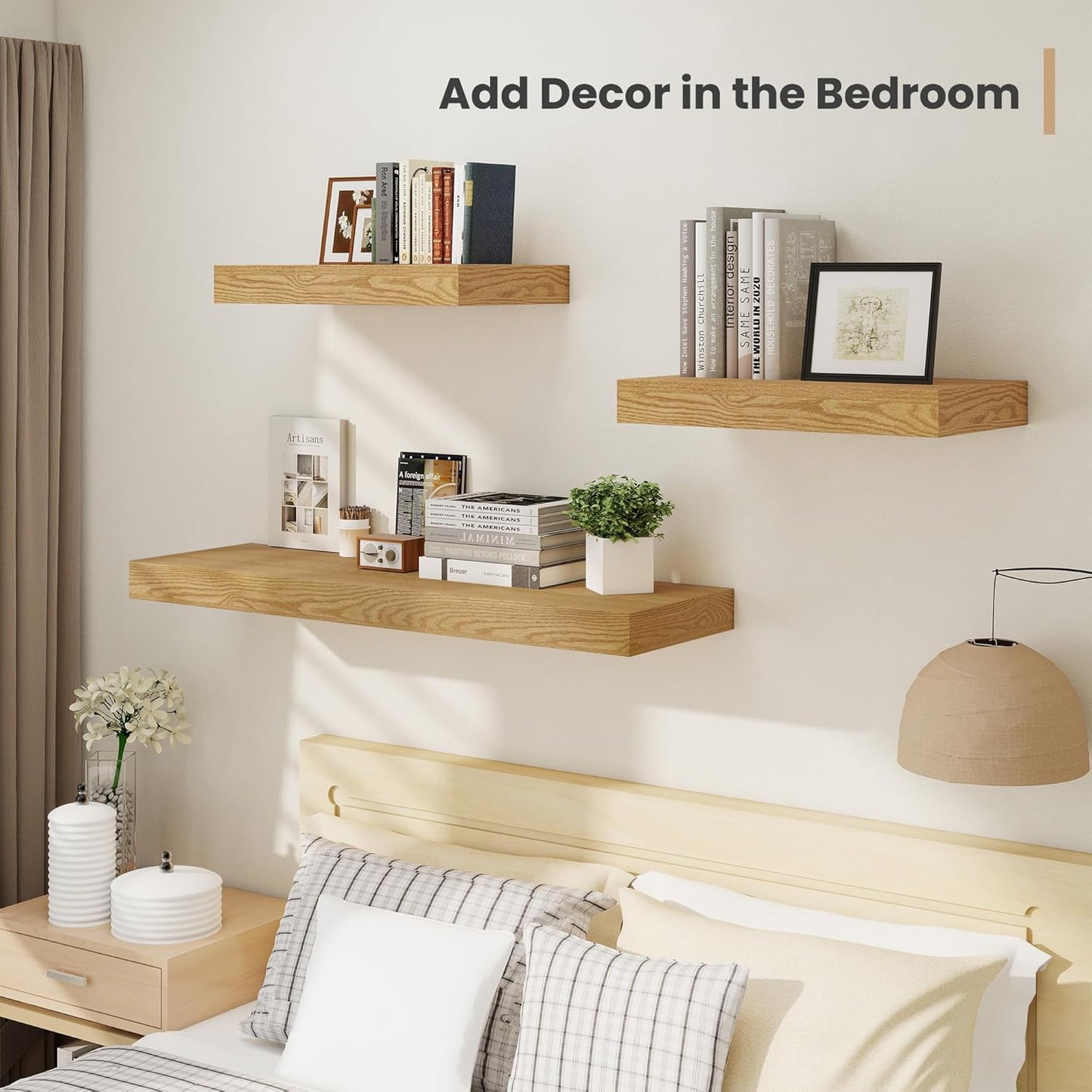 Heimlove 12" Deep Floating Shelves, 36 x 12 Inch Wall Mounted Long Floating Shelf with Invisible Brackets, for Home Decor, Bedroom, Kitchen, Living Room, Bathroom - 2 Pack, Oak