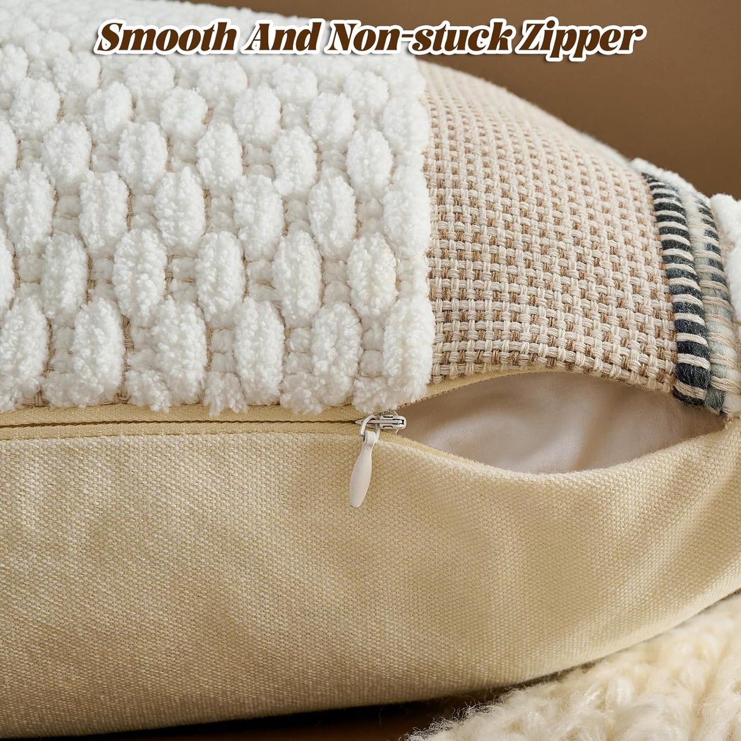 AmHoo Set of 2 Chenille Striped Textured Boho Throw Pillow Covers Aesthetic with Tassels Woven Decorative Pillow Case for Couch Bed Sofa Bedroom Modern Funky 18 x 18-Inch White