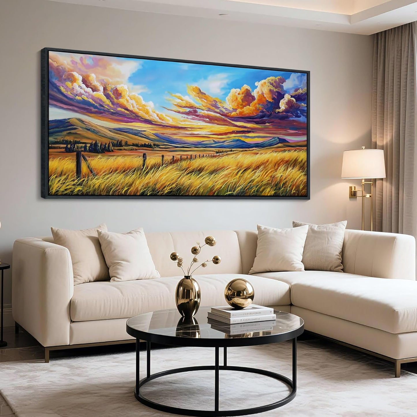 QZQCBLC Large Framed Wall Art, Rustic Grass Mountain Clouds Yellow and Blue Fall Landscape Canvas Print Wall Pictures Paintings Artwork for Living room Bedroom Home Office Artwork Decor 29x58 IN