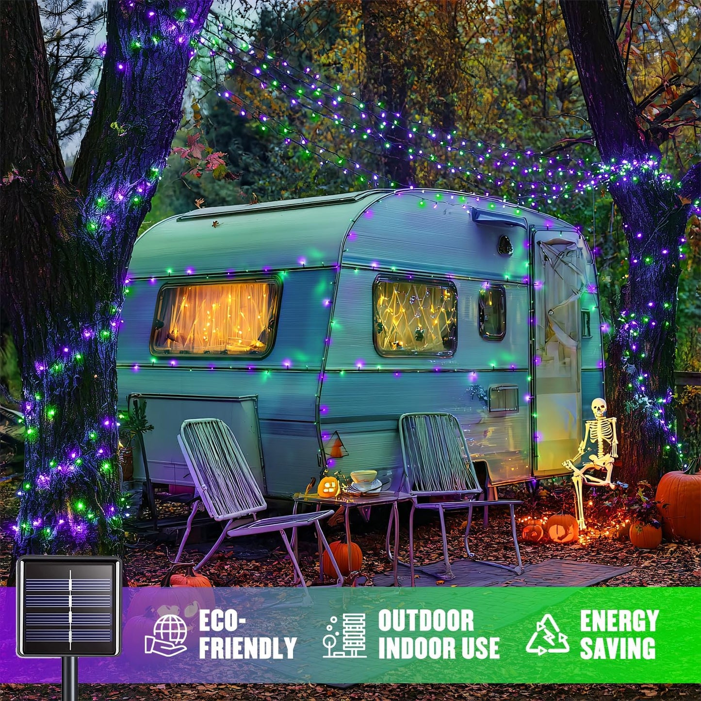 JMEXSUSS Purple and Green Halloween Lights, Total 66 FT 200 LED Solar Halloween Lights Outdoor, 2 Pack Solar Christmas Light Outdoor Waterproof for Yard Garden Tree Decor