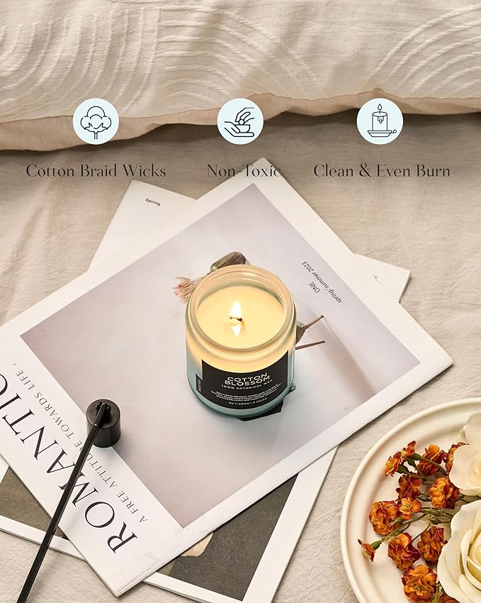 M&SENSE Clean Cotton Scented Candle - 7.05oz Natural Soy Wax Clean Cotton Blossom Scent Non Toxic Candle, 50-Hour Slow Burning 2-Wick Aromatherapy Home Fragrance Gifts for Home Decor