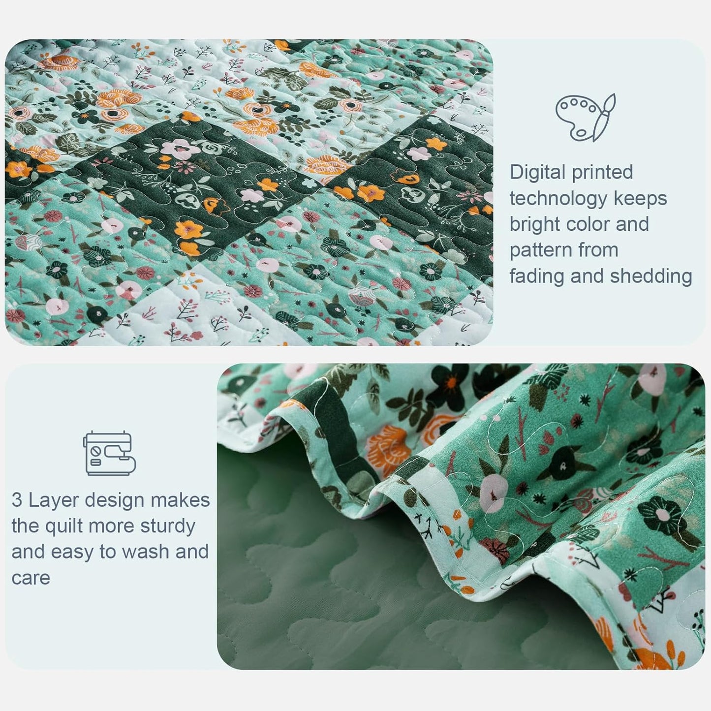 Exclusivo Mezcla Reversible Boho Quilt Set Queen Size, 3 Pieces Patchwork Green All Season Bedspreads, Ultra Soft Floral Coverlet Bedding Set with Printed Pattern (1 Quilt, 2 Pillow Shams)