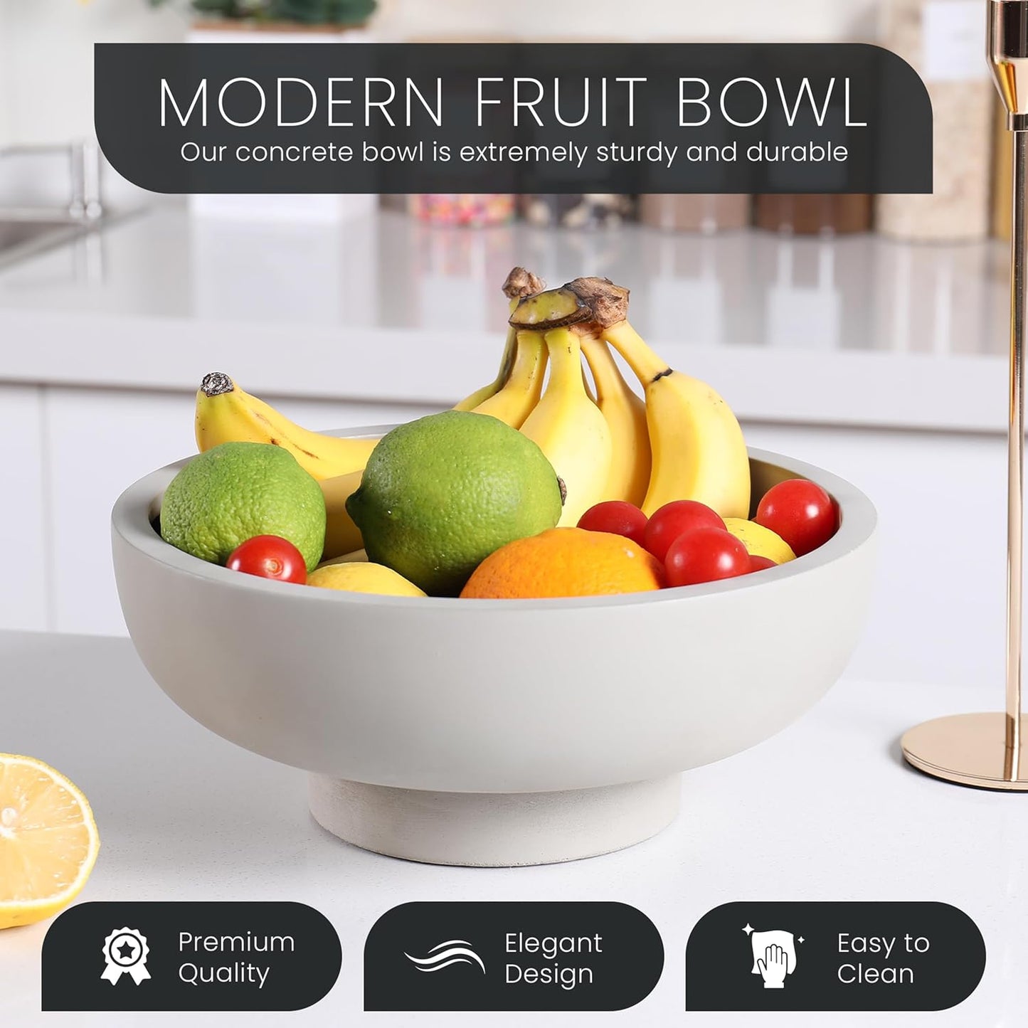 Concrete Fruit Bowl - 10.5” Diameter & 4.25” Height - Modern Key Bowl for Entryway Table - Decorative Pedestal Centerpiece - Grey
