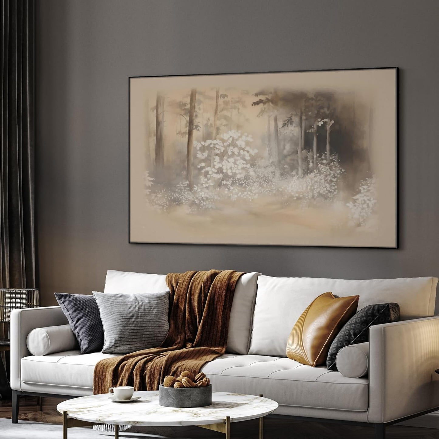 SIGNWIN 30"x60" Extra Large Framed Wall Art Misty Forest in Sepia Tones, Watercolor Woodland Landscape for Home Living Room Bedroom Decor (Frame Assembly Required)