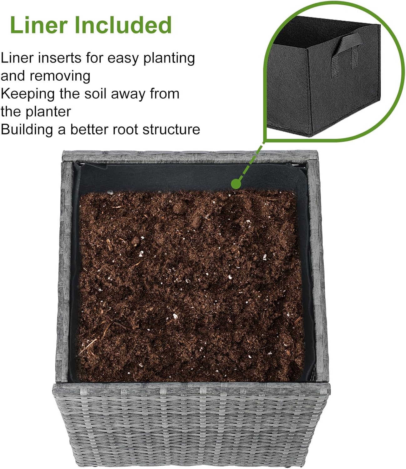 LEWIS&WAYNE Large Square Planter Box Handmade Wicker Tall Planters for Outdoor Plants with Removable Liners Modern Planter for Indoor Outdoor Garden Patio Front Porch - Gray, 17''x17''x18''