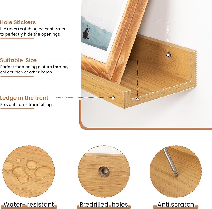 Fun Memories Picture Ledge Shelves Set of 2, 36 Inch Rustic Wall Mounted Floating Shelves with Lip for Home Storage and Décor in Bathroom, Kitchen, Nursery, Bedroom, Living Room, Oak