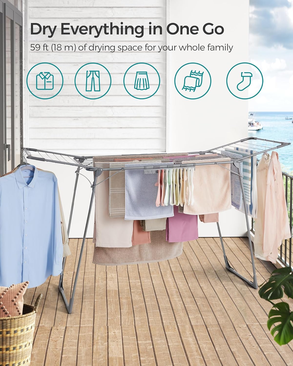SONGMICS Clothes Drying Rack Foldable, Gullwing Laundry Drying Rack, Space-Saving, 22.2 x 68.1 x 38 Inches, Sock Clips, Metal Structure, for Clothes, Towels, Linens, Indoor, Outdoor Gray ULLR518G01