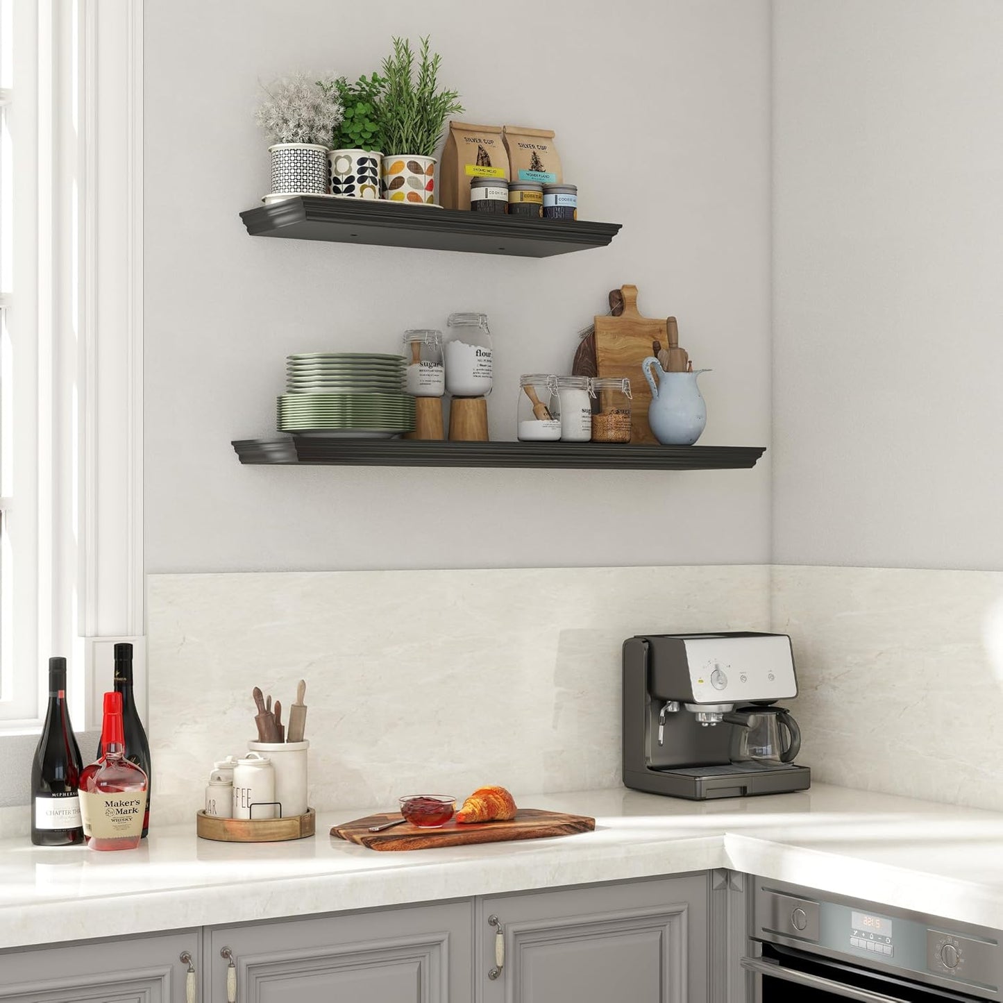 Floating Shelves for Wall, 36 Inch Long Wall Mounted Black Hanging Shelf for Kitchen, Living Room, Office, Bedroom, Bathroom, Retro Vintage Wood Bookshelf for House Decor