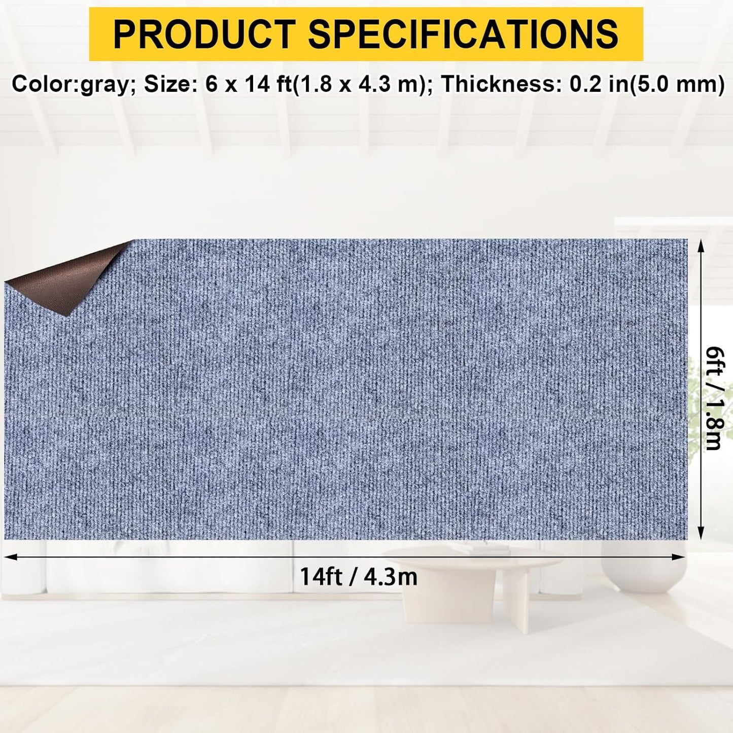 Marine Carpet,6 FT x 14 FT Blue-Gray Indoor Outdoor Carpet 0.2" Thick Boat Carpet with Water-Proof TPE Backing, Non-Slide Outdoor Marine Carpet Roll for Home, Patio, Porch, Deck