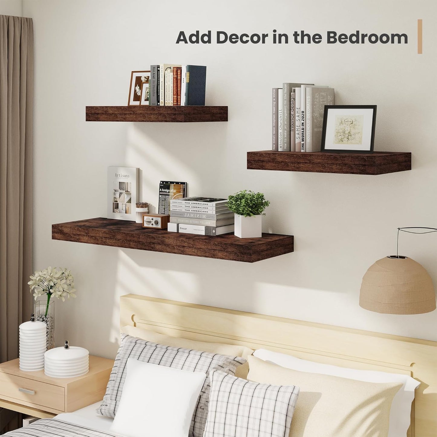 Heimlove 24 x 12 Inch Deep Floating Shelves Wall Mounted with Invisible Brackets,Storage Hanging Shelf for Wall Decor in Bathroom, Bedroom, Kitchen, Living Room, Office Set of 2 (Rustic Brown)