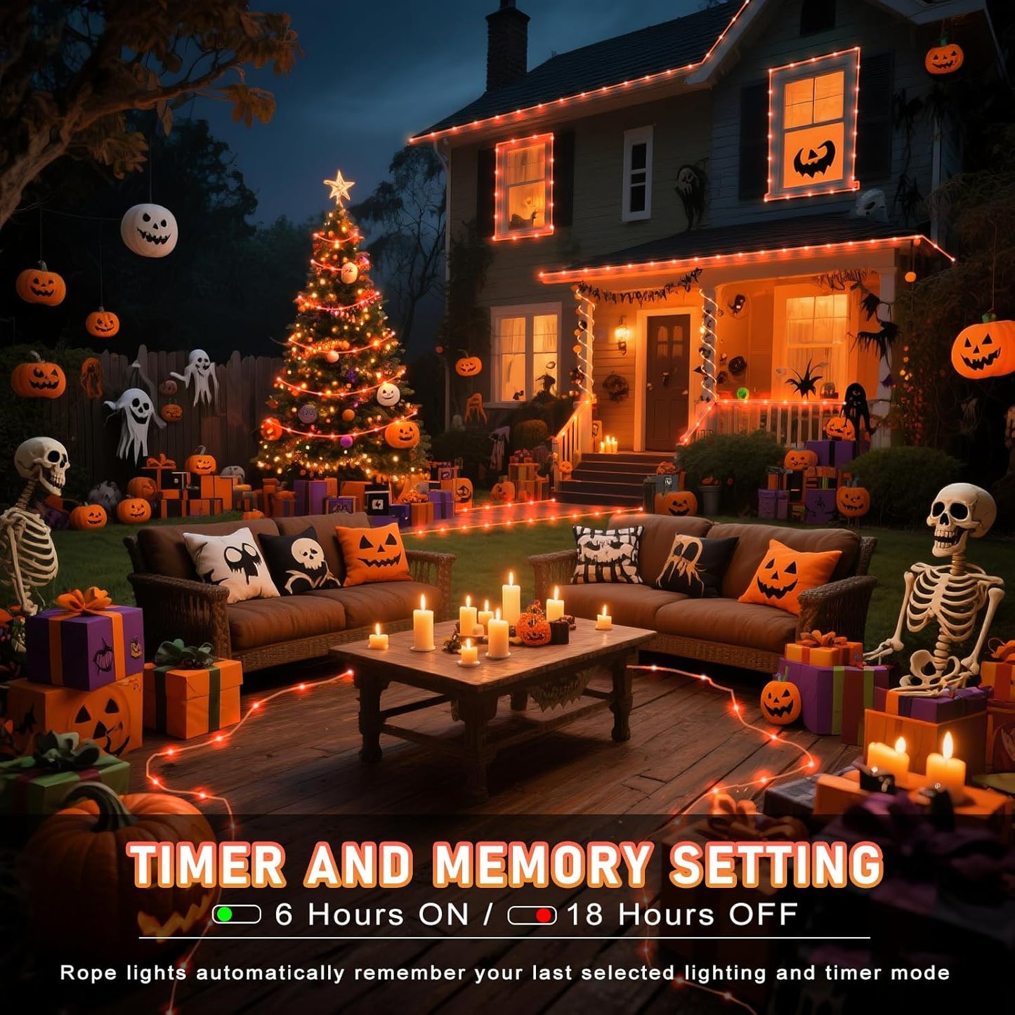 Orange Halloween Lights, 100FT 300 LED Rope Lights for Outside Waterproof with 8 Modes, Connectable String Lights for Indoor Patio, Trampoline, Garden, Pool, Tree, Holiday Decorations