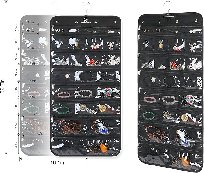 Freegrace Hanging Jewelry Organizer Revolving Hanger - Secure Zipper Closure - 50 Pockets - Foldable Storage & Display Solution - for All Jewelry & Bijoux (Black)