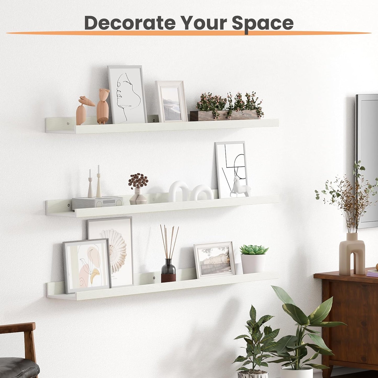 upsimples Floating Shelves for Wall, Wall Shelves for Decor Storage Set of 6, Wall Mounted Wood Shelf for Bedroom, Living Room, Bathroom, Kitchen, 35.5 inch Long Picture Ledge Shelf, White