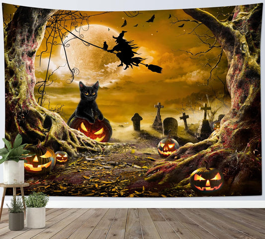 LB Halloween Wall Tapestry - Horror Witch Cat, Dead Tree, Pumpkin Lights With Spooky Graveyard, Orange Full Moon Over Misty Forest for Bedroom Living Room Dorm - 80x60 Inches