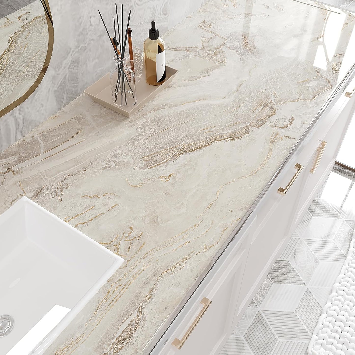 VEELIKE Glossy Beige Gold Liquid Marble Contact Paper for Countertops Waterproof Peel and Stick Countertops for Kitchen Marble Wallpaper 15.7''x354'' Self Adhesive Countertop Vinyl for Bathroom Walls