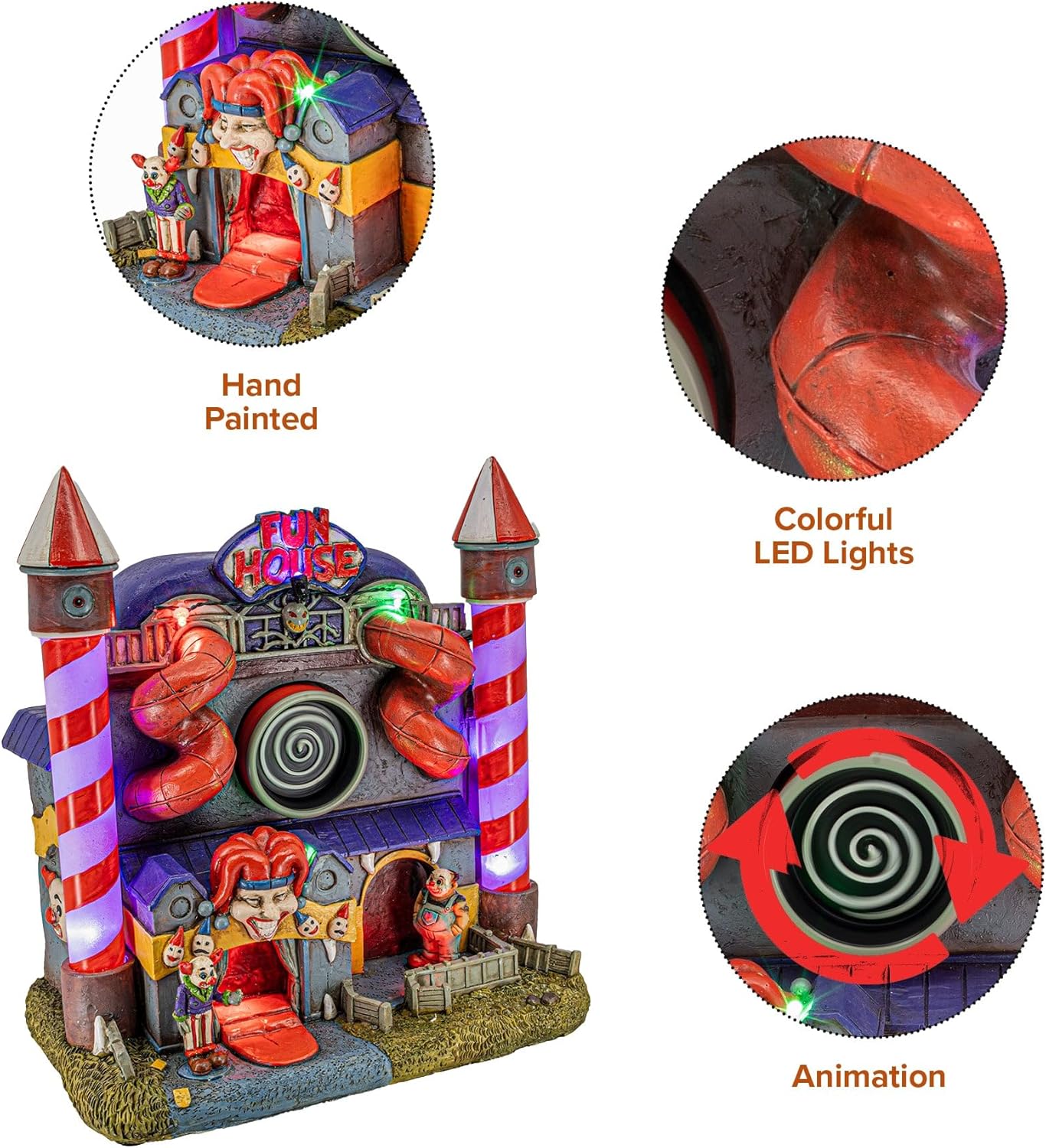 Carnival Funhouse Clown Theme Spooky Halloween Village Multi-Color LED Lights, Motion and Music 9.25" x 5.75" x 9.5"