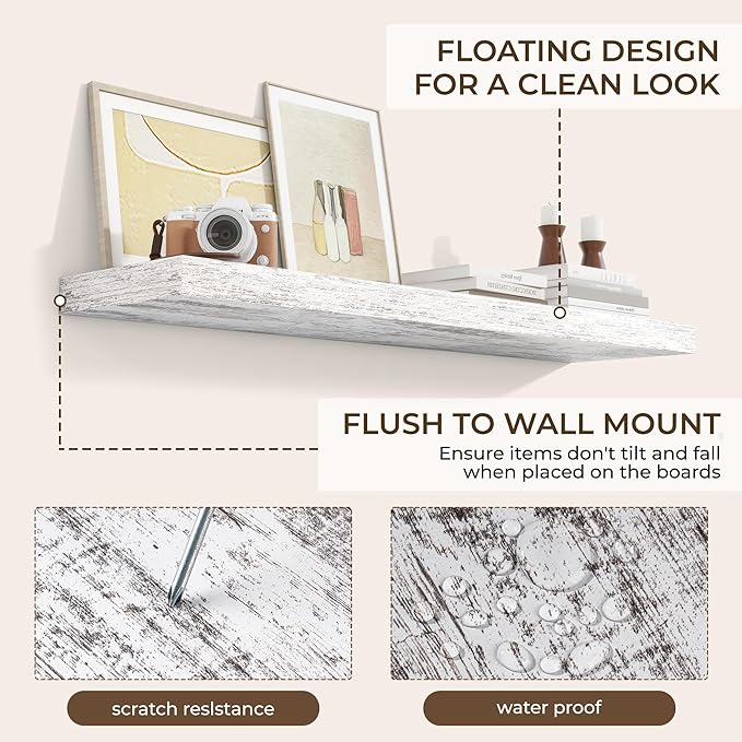 RICHFOCUS 48Inch Floating Shelves for Wall 2 Pack Shelves for Bedroom|Kitchen|Bathroom Wall Mounted Rustic Distressed Wood Floating Shelf with Invisible Brackets for Books|Storage|Decor, Rustic