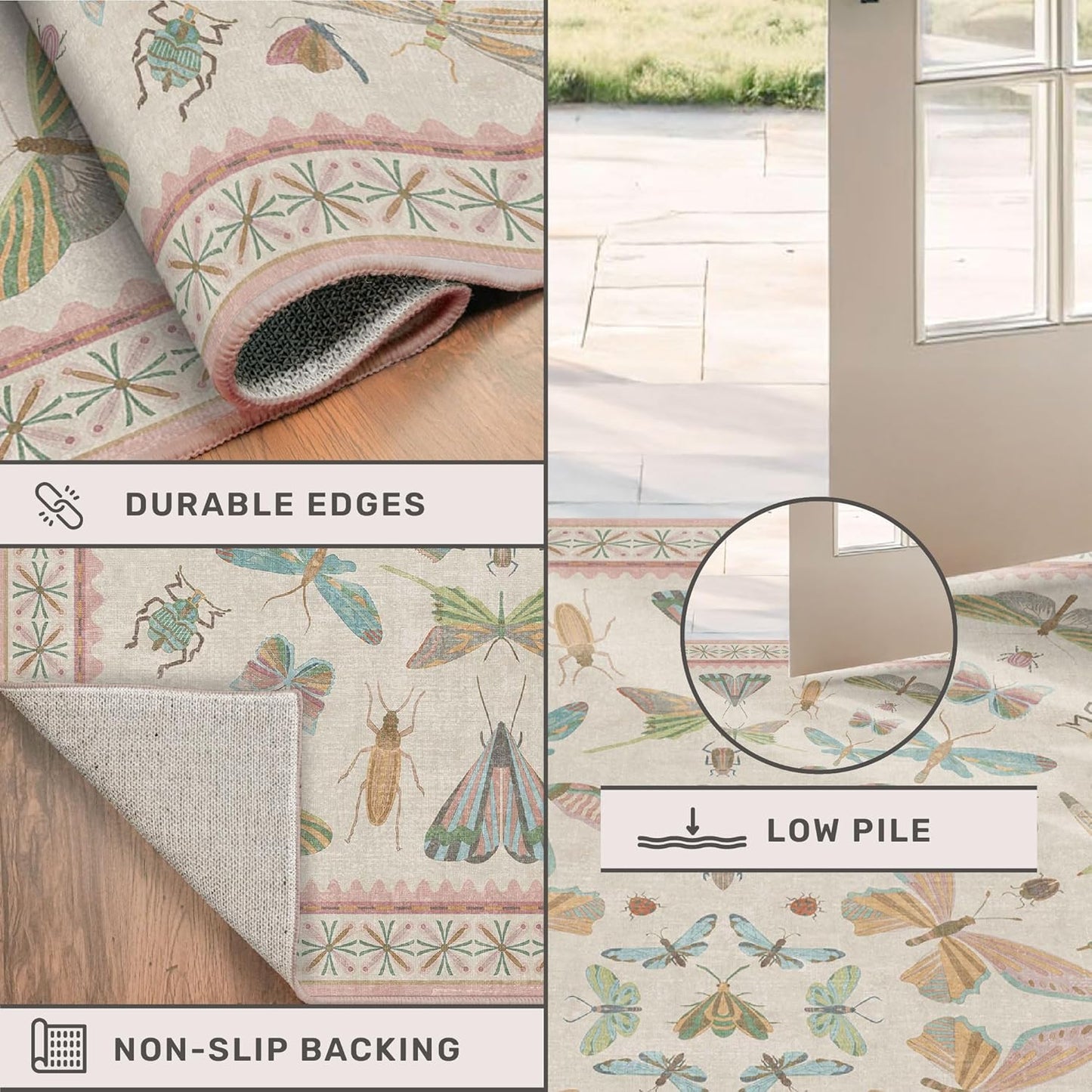 Floral Pink Rugs for Bedroom Girls 6x9 - Insect Print Cute Girly Rug for Living Room, Dining Room Under Kitchen Talbe, Washable Low Pile Vintage Bug Art Nouveau Home Decor