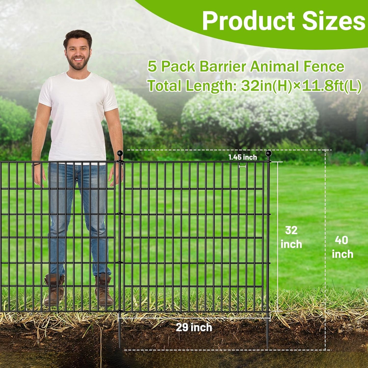 5 Panels No Dig Decorative Outdoor Garden Fence with Gate for Yard, 32 in(H) X 11.8 ft(L) Animal Barrier Fencing Rustproof Metal Wire Panel Border for Dog, Rabbits, and Patio Temporary Ground Stakes