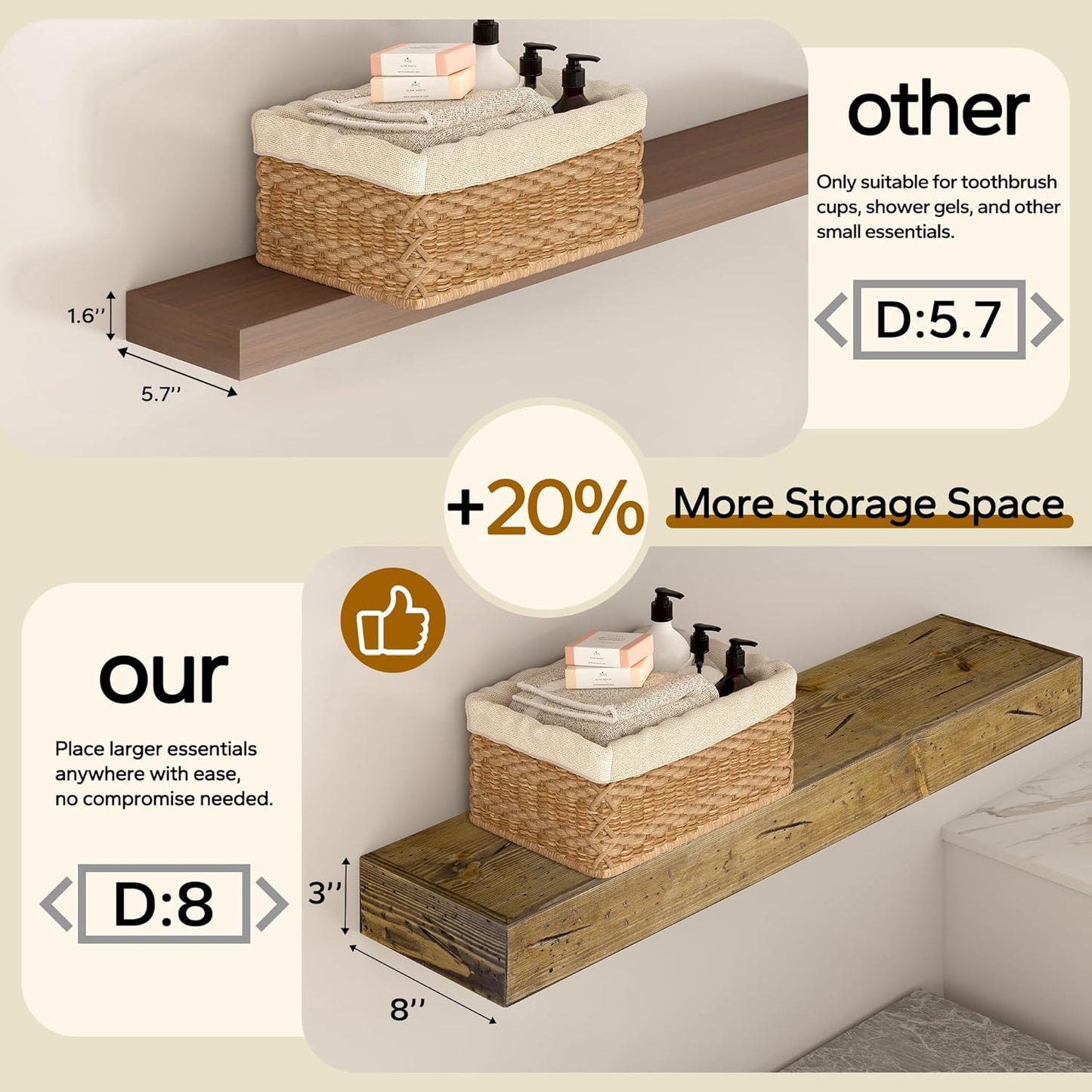 Floating Shelves 3 inch Thick for Wall Set of 2,Solid Pine Wood Wall Mount Shelf for Kitchen Living Room Bedroom Bathroom,8" D x 60" L x 3" H-Distressed Black Walnut