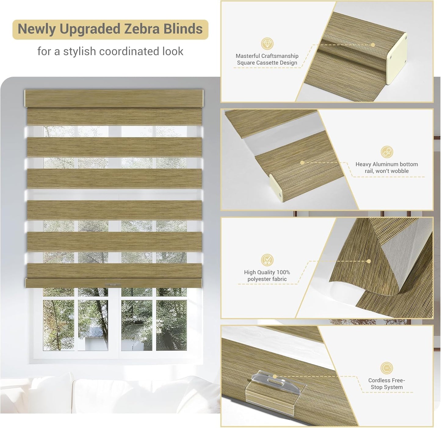 Cordless Zebra Blinds for Windows, Blackout Interior Blinds,Easy to Install,UV Protection,for Offices and Home,Custom Roller Shades, Mousse Light Bown,26" W x 72" H