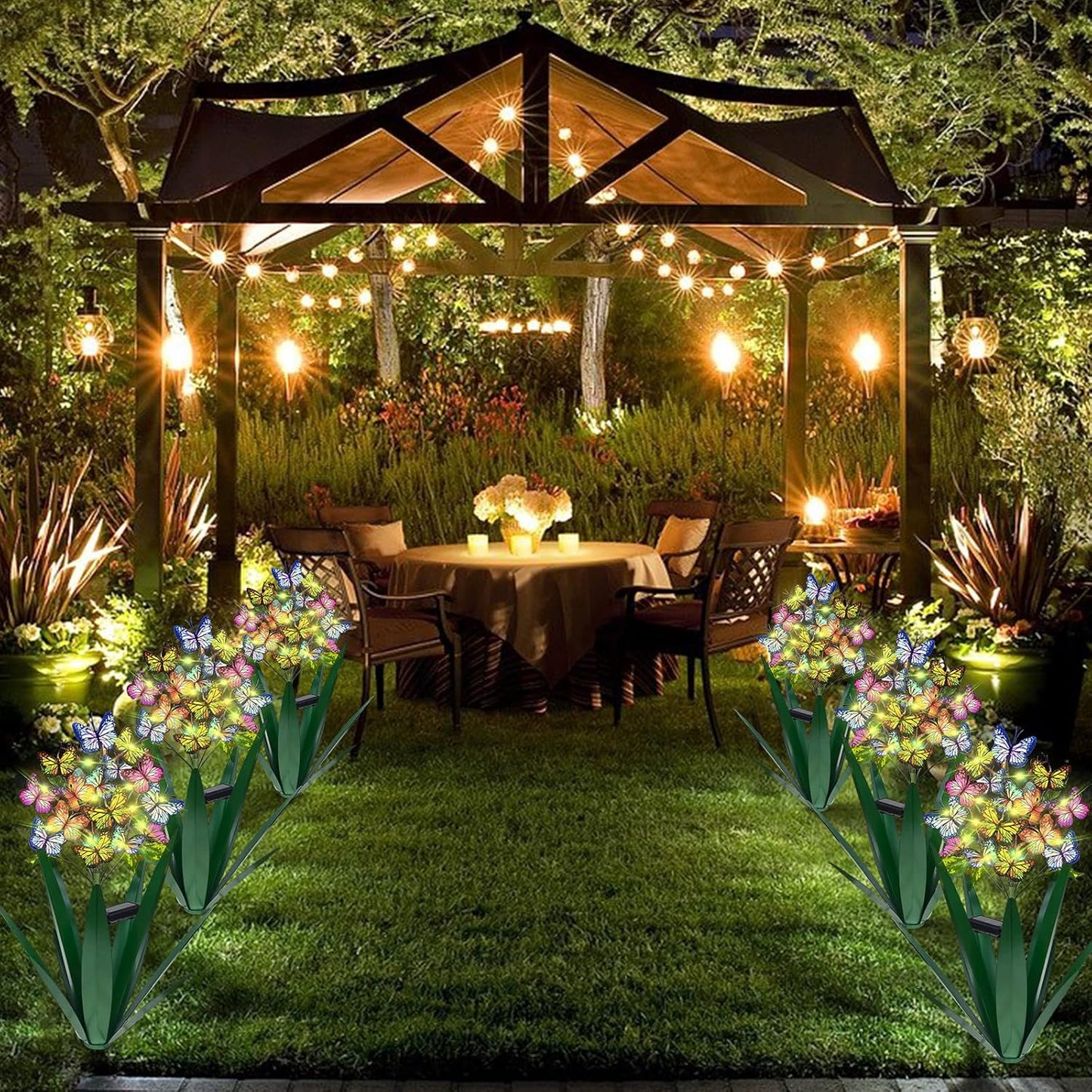 Homight Solar Metal Agave Butterfly Flower Stick Garden Sculpture - Outdoor Christmas Lights With Swaying Butterfly Sunflower - Solar Outdoor Gift (3 PCS Green)