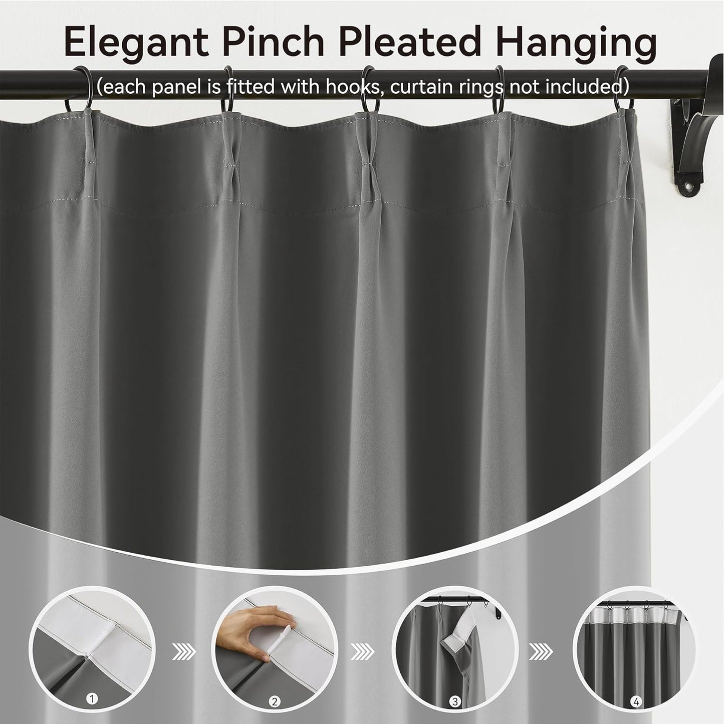 KangBang Grey Pinch Pleated Blackout Curtains 108 Inches Long for Hall Windows, Sound Dampening Light Blocking Soft & Vertical Window Panels Ceiling to Floor for Villa 2 Panels, 40Wx108L