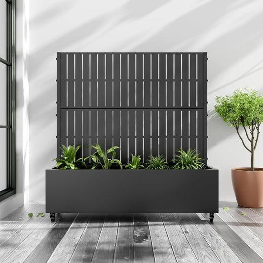 Casaphoria Metal Raised Garden Bed with Trellis and Wheels, 47"x47"x16" Planter Box for Climbing Plants, Vegetables & Vines, Features Drainage Holes and Privacy Screen (Black-Fence)