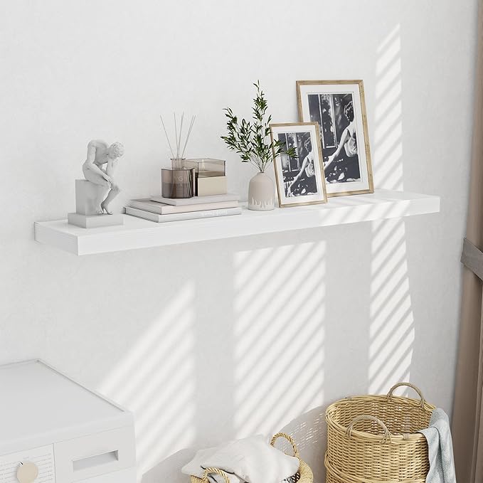 Fun Memories 55 Inch Fireplace Mentel Shelf, 10 Inch Deep Shelves for Display & Wall Storage, Rustic Wood Wall Shelf, Extra Long Floating Shelves for Living Room Laundry Room, White, Set of 1