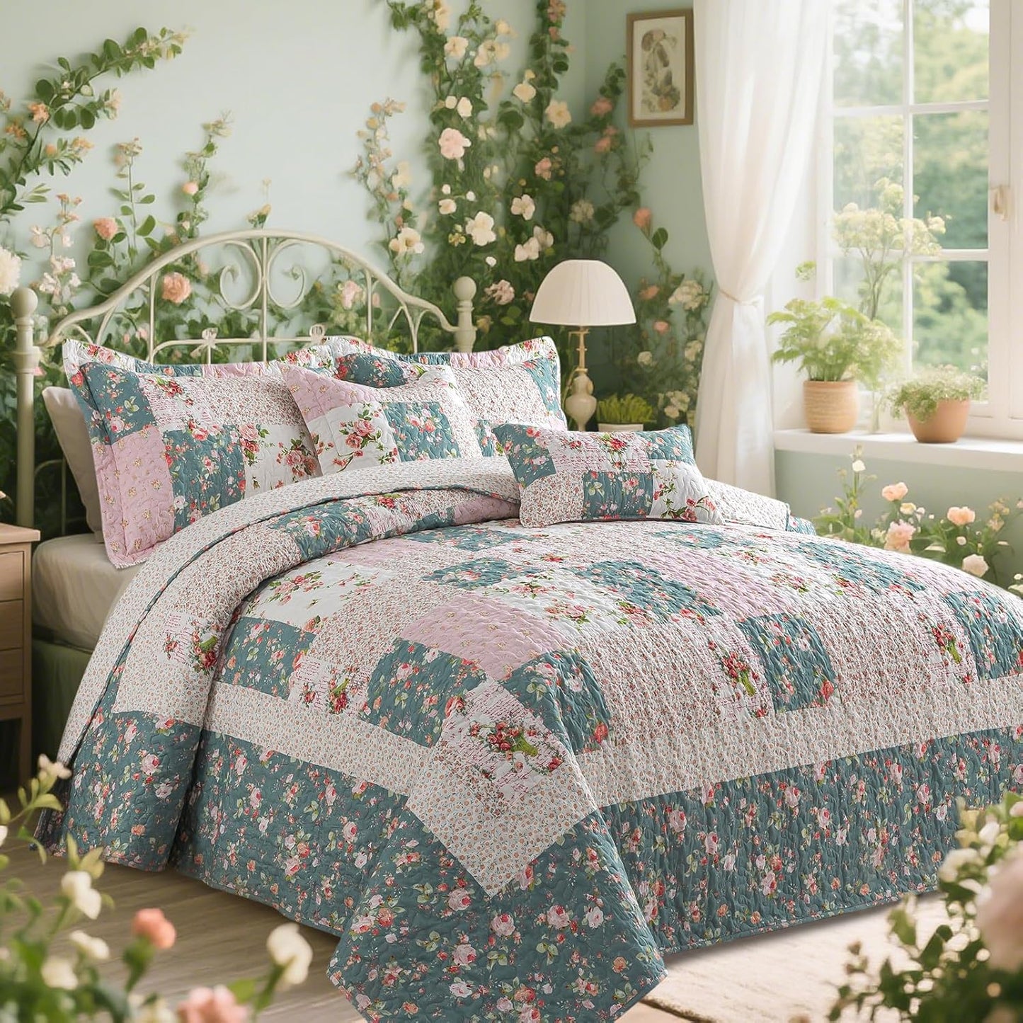 VAPUTAR Queen Size Quilt Set - Reversible Floral Queen Size Bedspreads with Wavy Edges - Lightweight Farmhouse Queen Quilt Bedding Sets for Bed Decorations, 3 Pieces