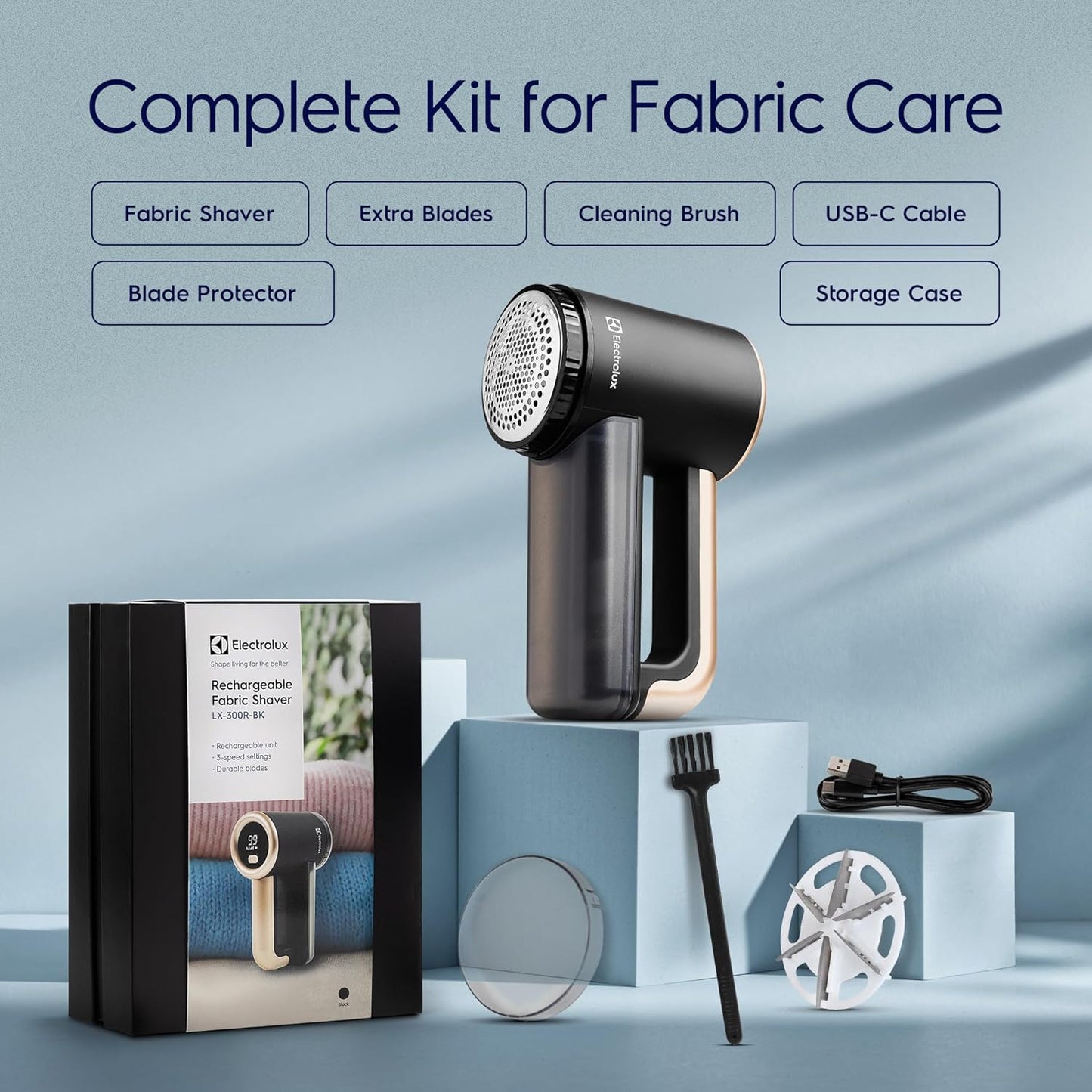 Electrolux Rechargeable Fabric Shaver | 3-Speed Lint Remover for Clothes & Furniture | Eliminates Fuzz & Pilling | Electric Lint Shaver with LED Display & Type-C Fast Charging Port - Black