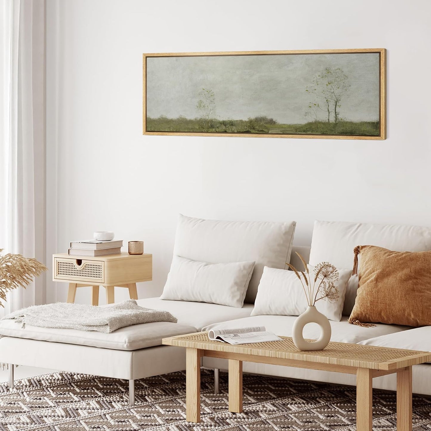 MUDECOR Large Framed Canvas Print Wall Art Soft Pastoral Landscape Wall Art with Trees Antique Retro Fine Art Illustrations Decorative Colorful for Bedroom - 60"x20"